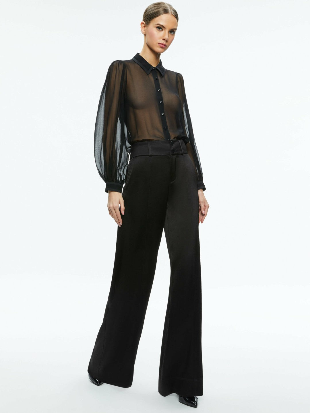 Roanne Sheer Blouse In Black - Alice + Olivia Women