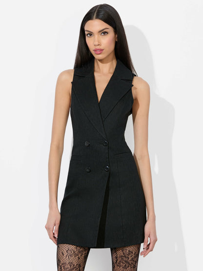 Meritt Linen Tuxedo Dress In Black - Alice + Olivia Women