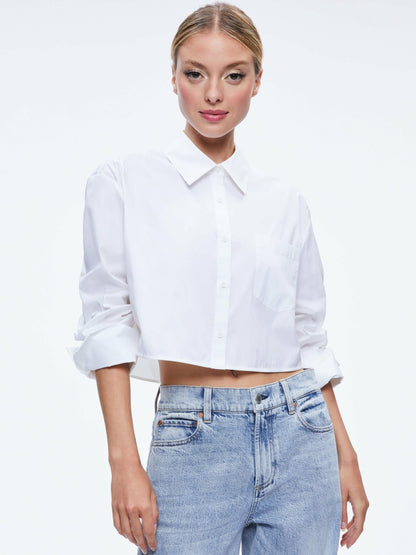 Finely Cropped Button Down In Off White - Alice + Olivia Women