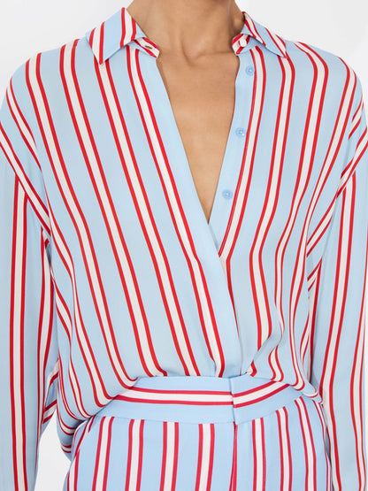 Dimitra Oversized Button Down In Teakwood Stripe Mineral Blue/b - Alice + Olivia Women