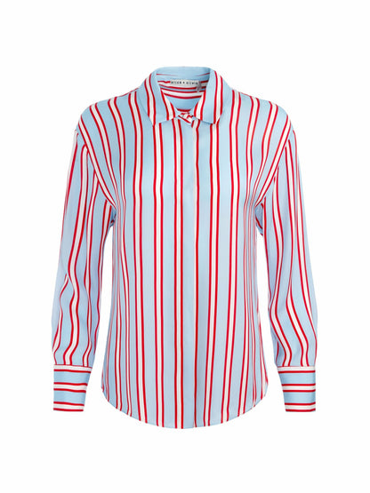 Dimitra Oversized Button Down In Teakwood Stripe Mineral Blue/b - Alice + Olivia Women