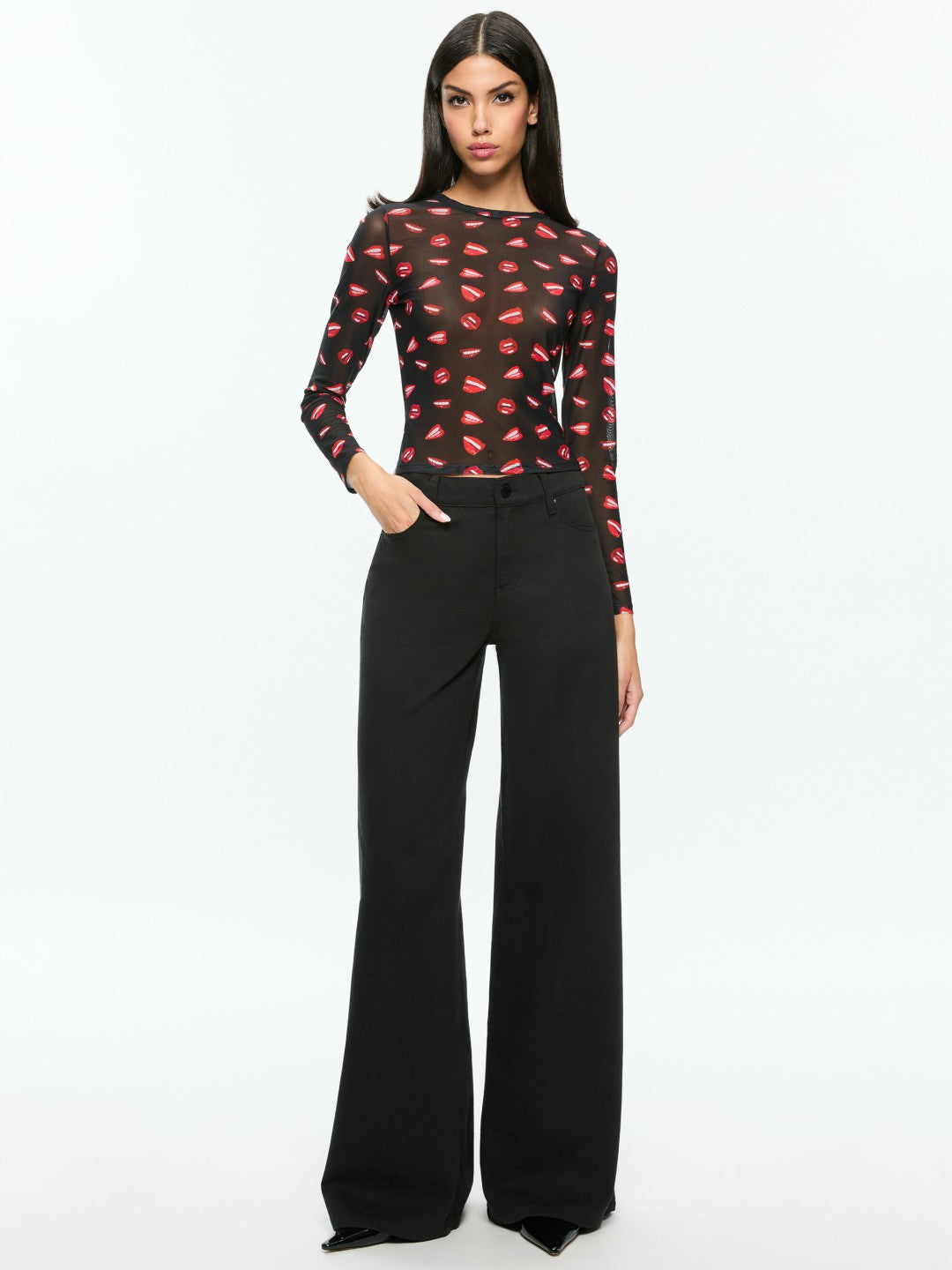 A+o X Tom Wesselmann Delaina Mesh Long Sleeve Top In Lip Sync Black - Alice + Olivia Women