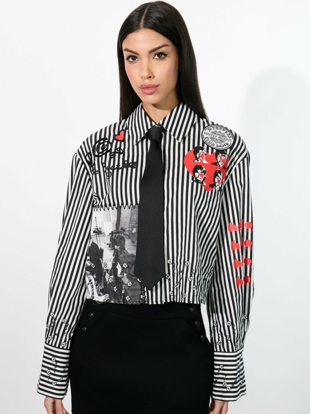 A+o X The Beatles Pam Embroidered Blouse In Black/off White - Alice + Olivia Women