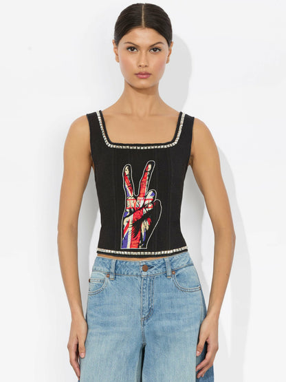 Breslin Band Tee Corset In Black Multi - Alice + Olivia Women